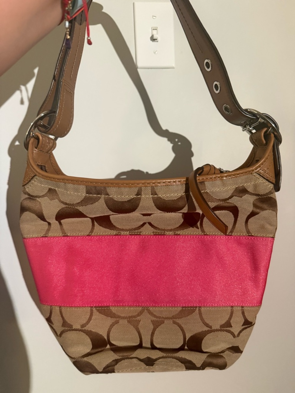 Vintage Coach Signature Stripe Rugby Bag in Pink and Tan
